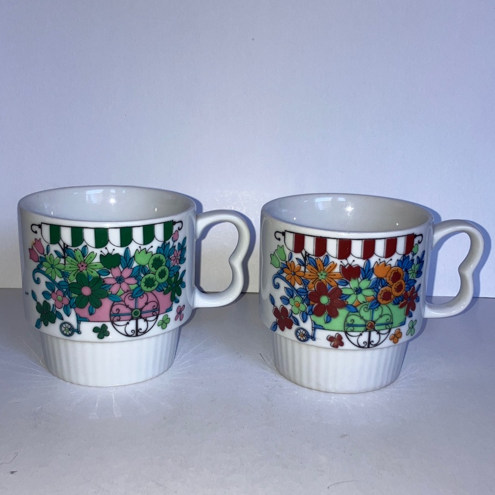 Vintage Floral Market Cart Ceramic‎ Stacking Mugs - Set of 2